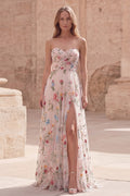 Ivory Floral Strapless A Line Ruched Maxi Prom Dress