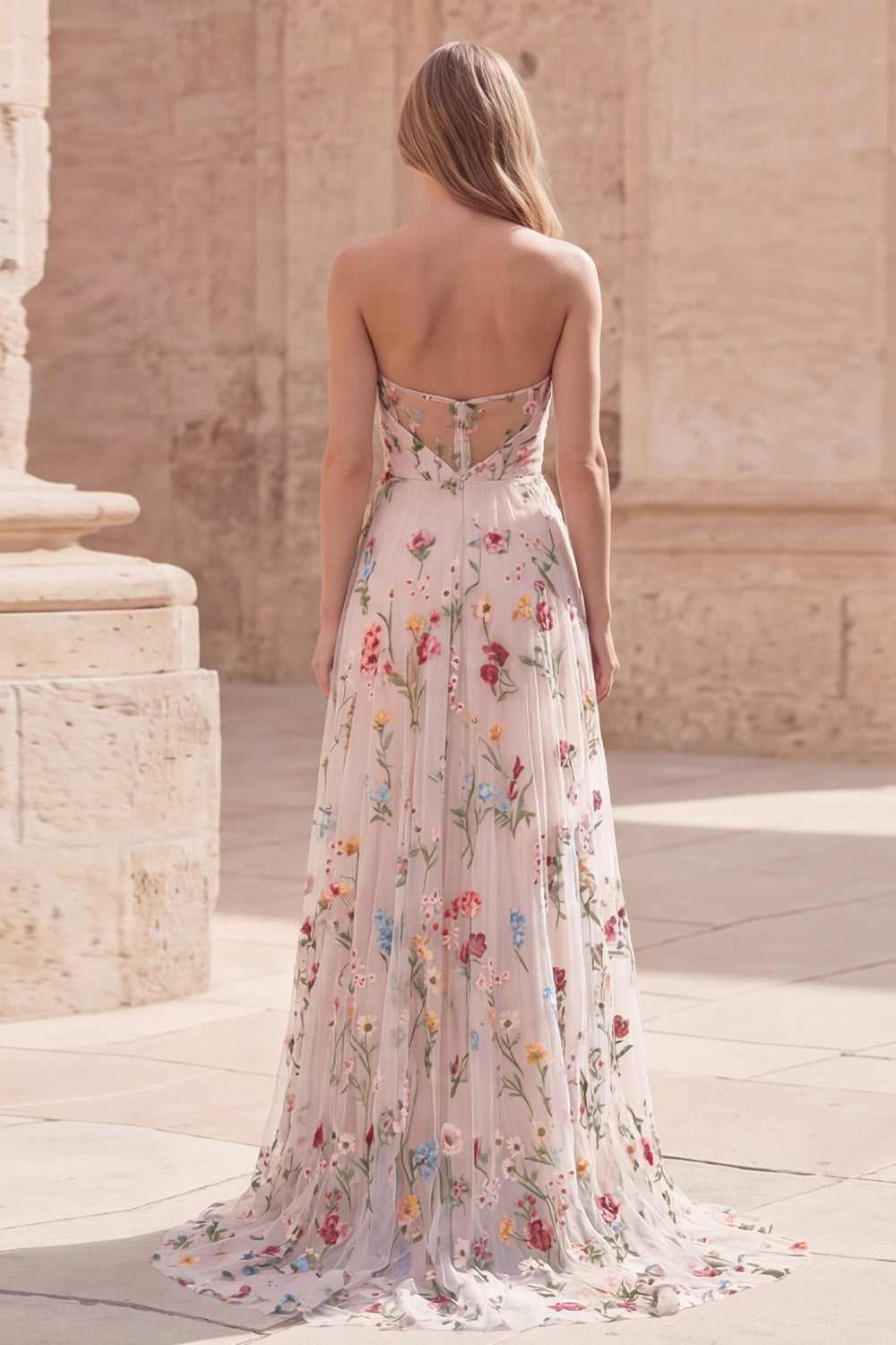 Ivory Floral Strapless A Line Ruched Maxi Prom Dress