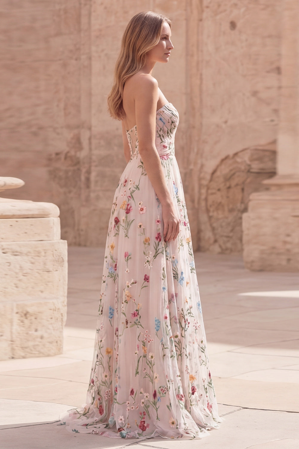 Ivory Floral Strapless A Line Ruched Maxi Prom Dress