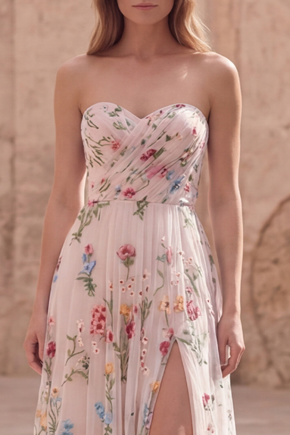Ivory Floral Strapless A Line Ruched Maxi Prom Dress