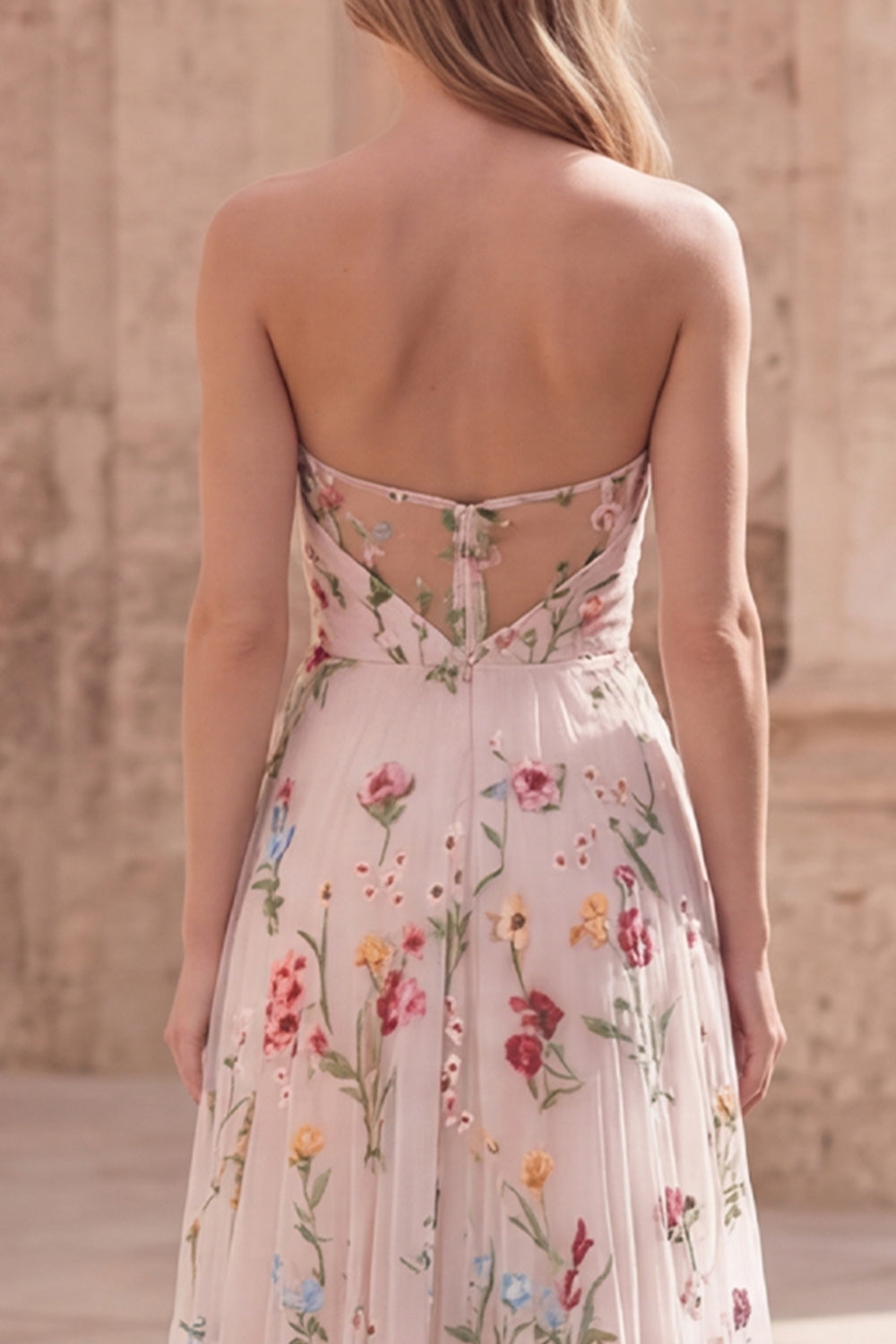 Ivory Floral Strapless A Line Ruched Maxi Prom Dress