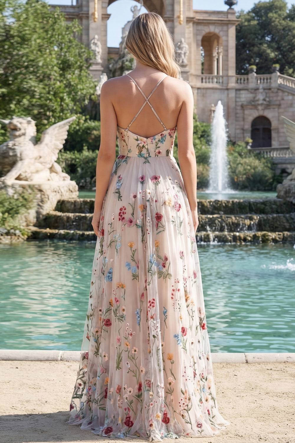 Ivory Floral Ruched A Line Maxi Prom Dress with Slit