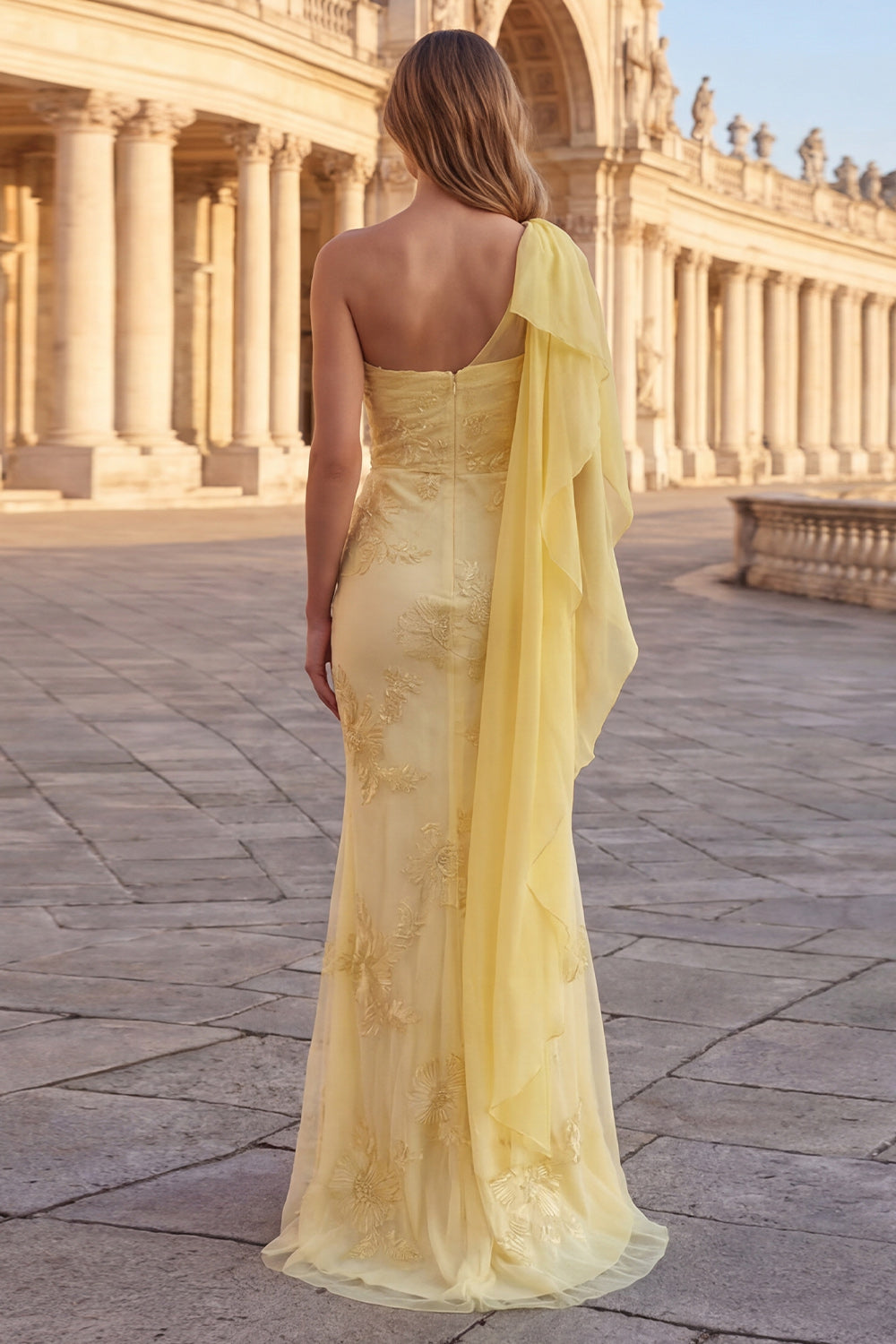 One Shoulder Yellow Mermaid Appliqued Prom Dress