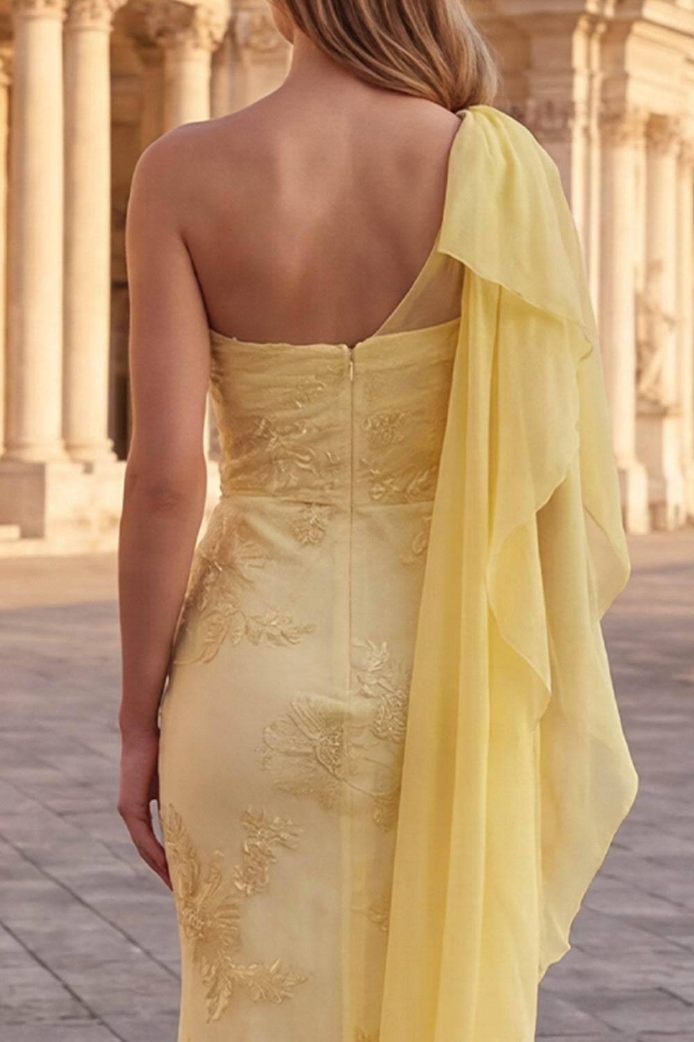 One Shoulder Yellow Mermaid Appliqued Prom Dress