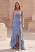 Jacquard Dusty Blue Ruffled Ruched Maxi Prom Dress
