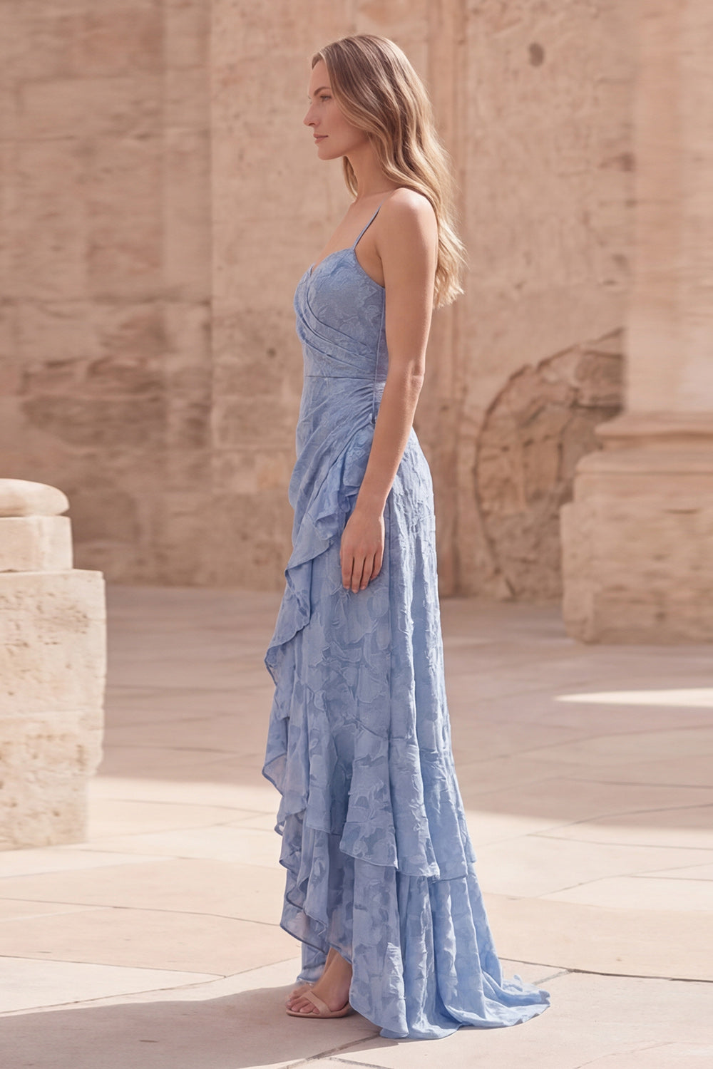 Jacquard Dusty Blue Ruffled Ruched Maxi Prom Dress