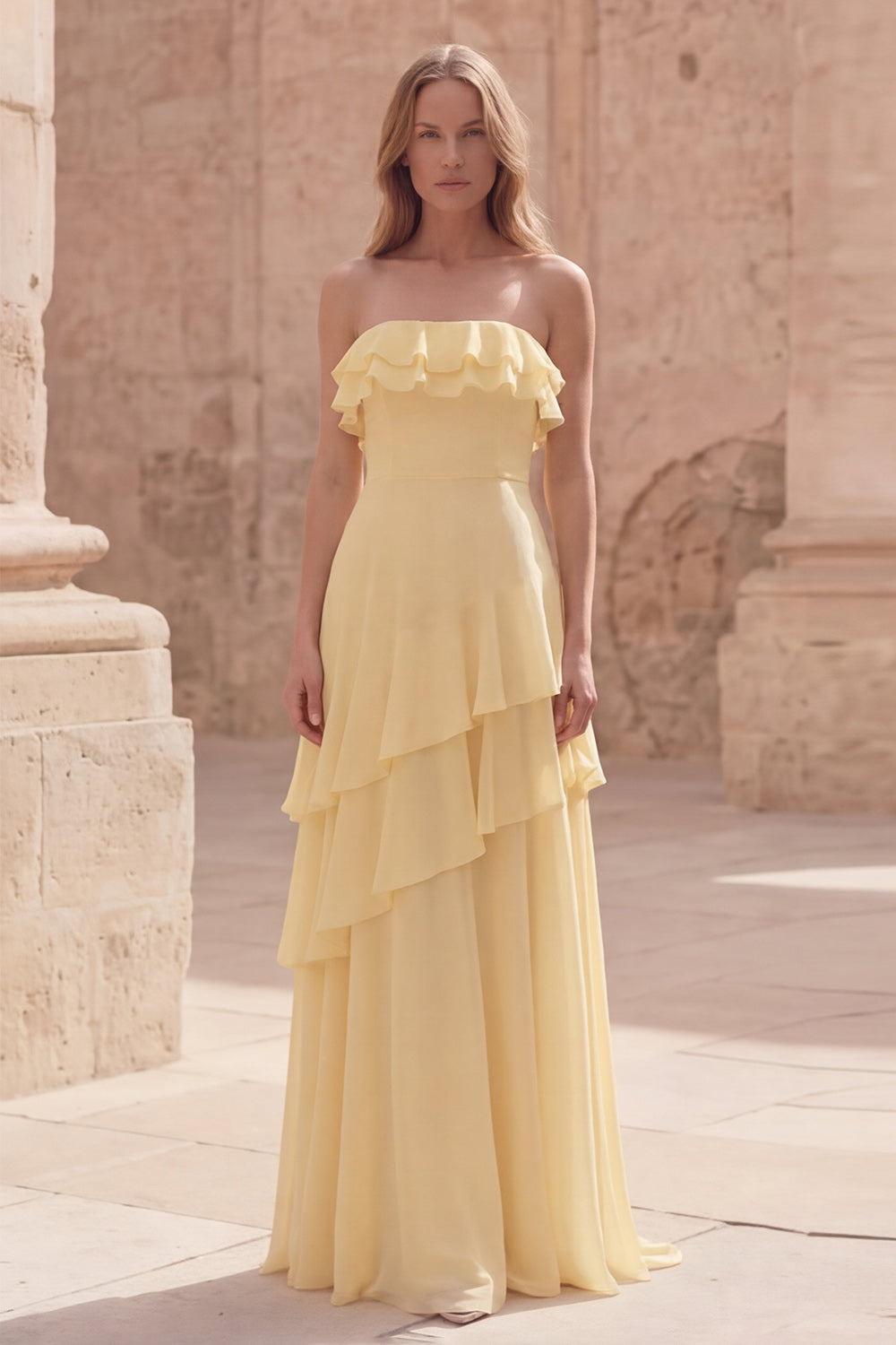 Strapless Ruffled Yellow A Line Maxi Prom Dress