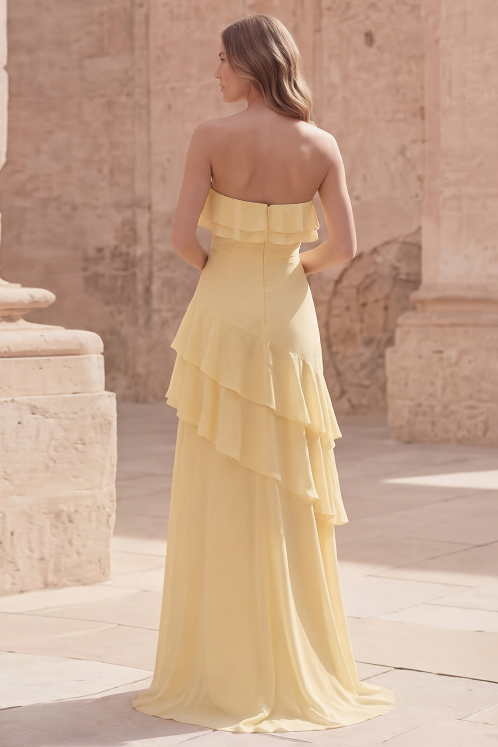 Strapless Ruffled Yellow A Line Maxi Prom Dress