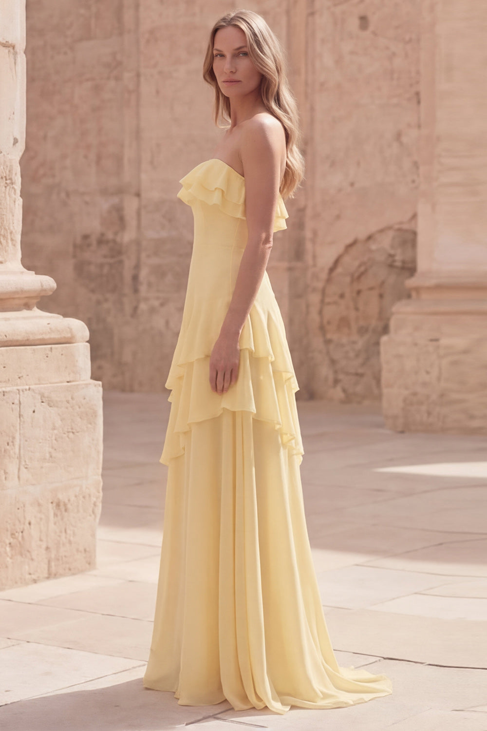 Strapless Ruffled Yellow A Line Maxi Prom Dress
