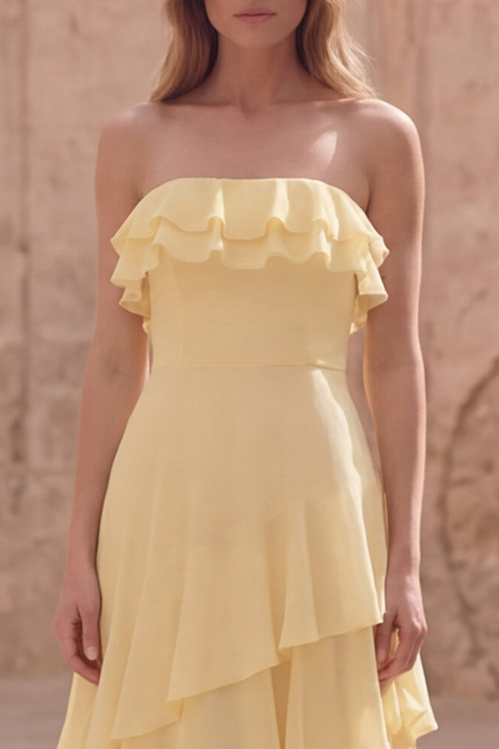 Strapless Ruffled Yellow A Line Maxi Prom Dress