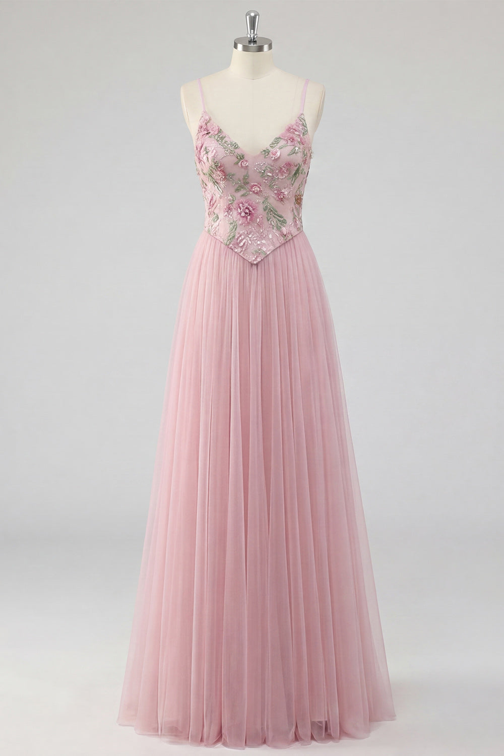 Pink A Line Appliqued Tulle Maxi Prom Dress