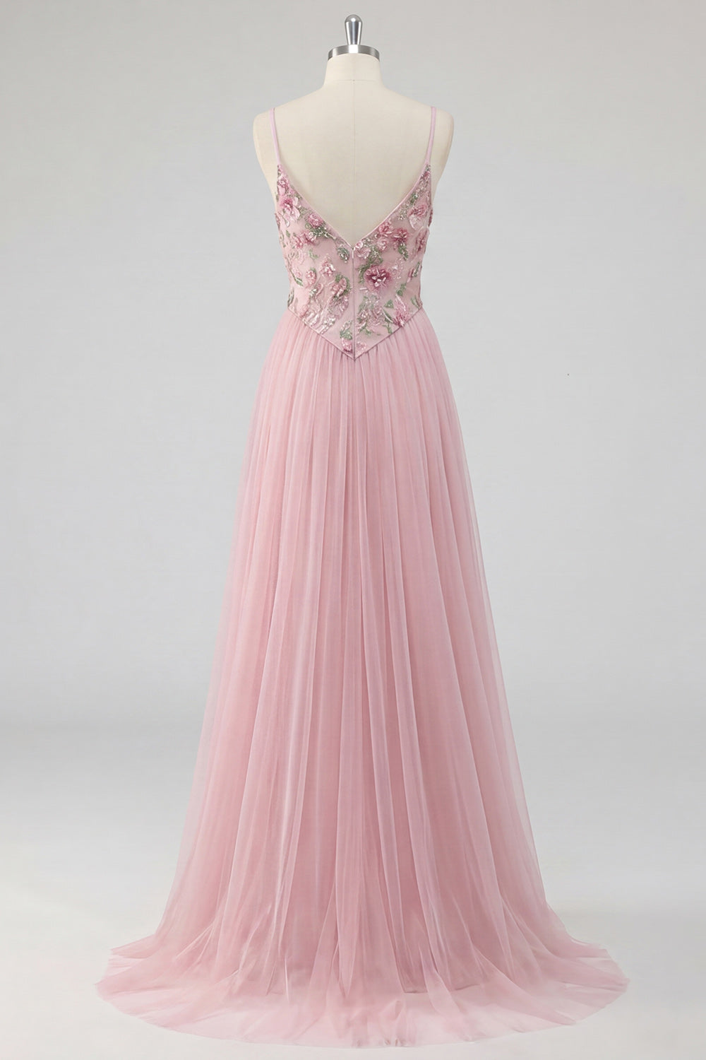 Pink A Line Appliqued Tulle Maxi Prom Dress
