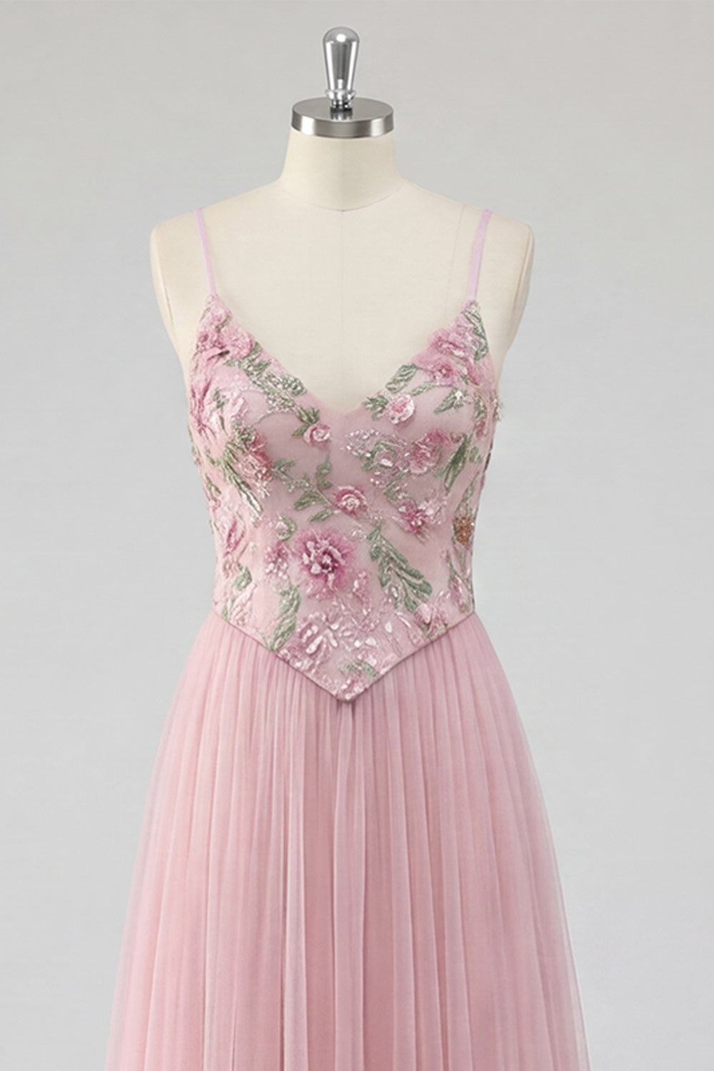 Pink A Line Appliqued Tulle Maxi Prom Dress