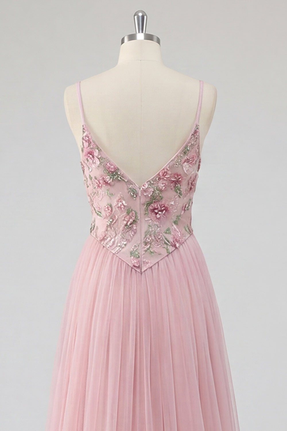 Pink A Line Appliqued Tulle Maxi Prom Dress