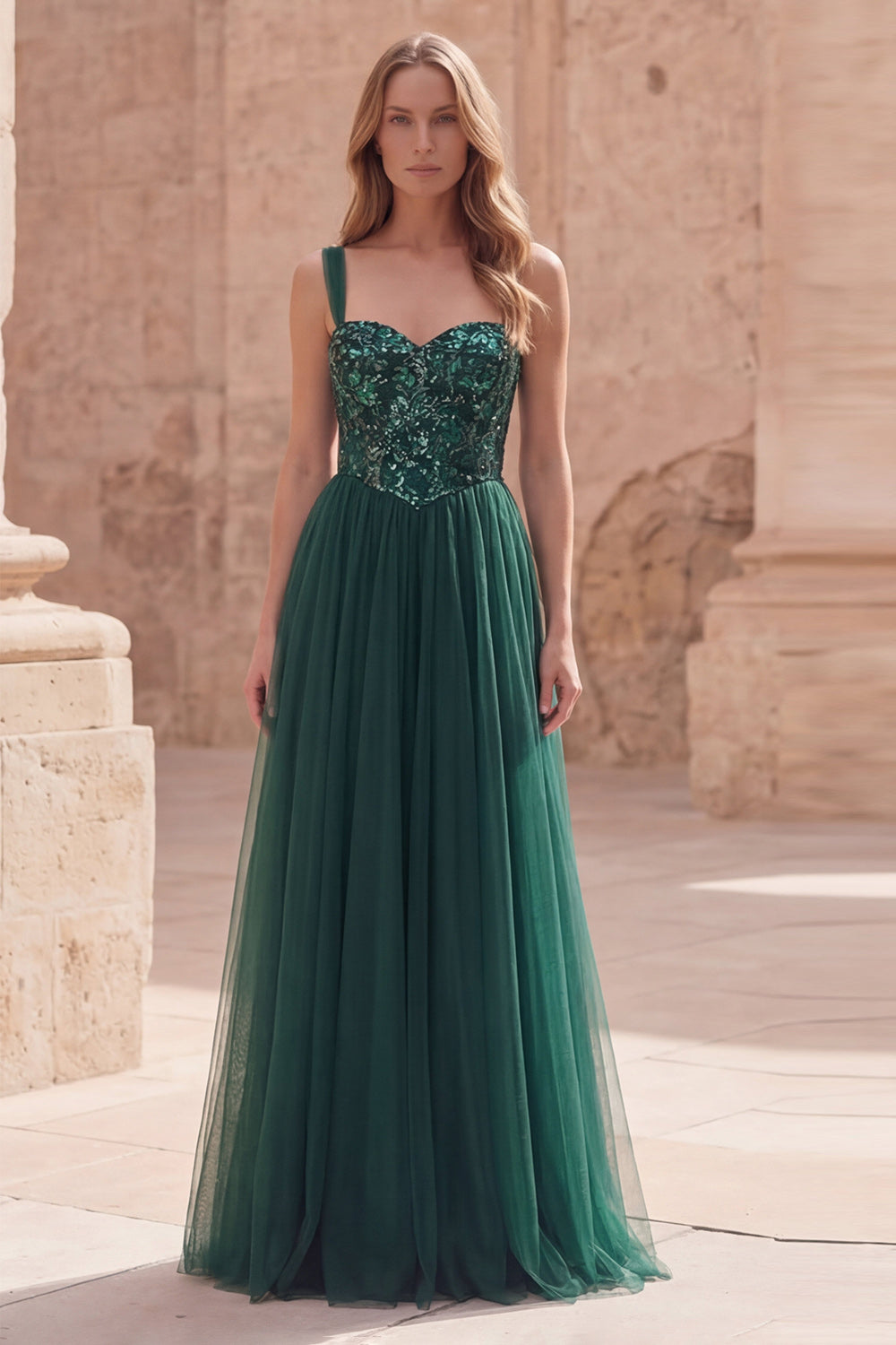 Dark Green Tulle A Line Appliqued Maxi Prom Dress