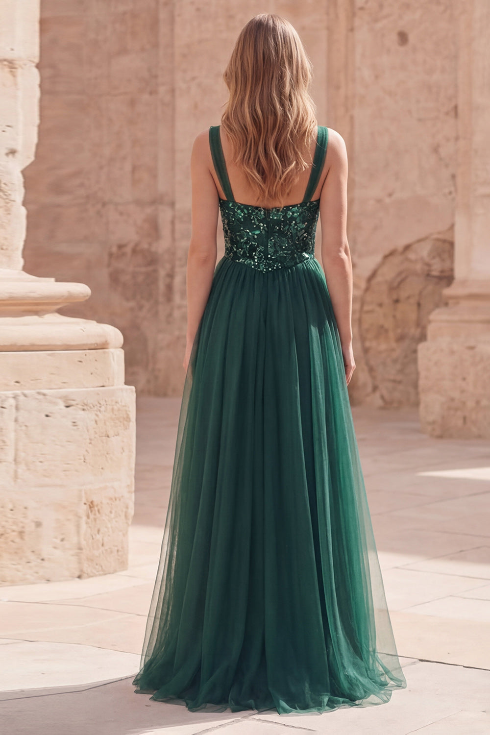 Dark Green Tulle A Line Appliqued Maxi Prom Dress