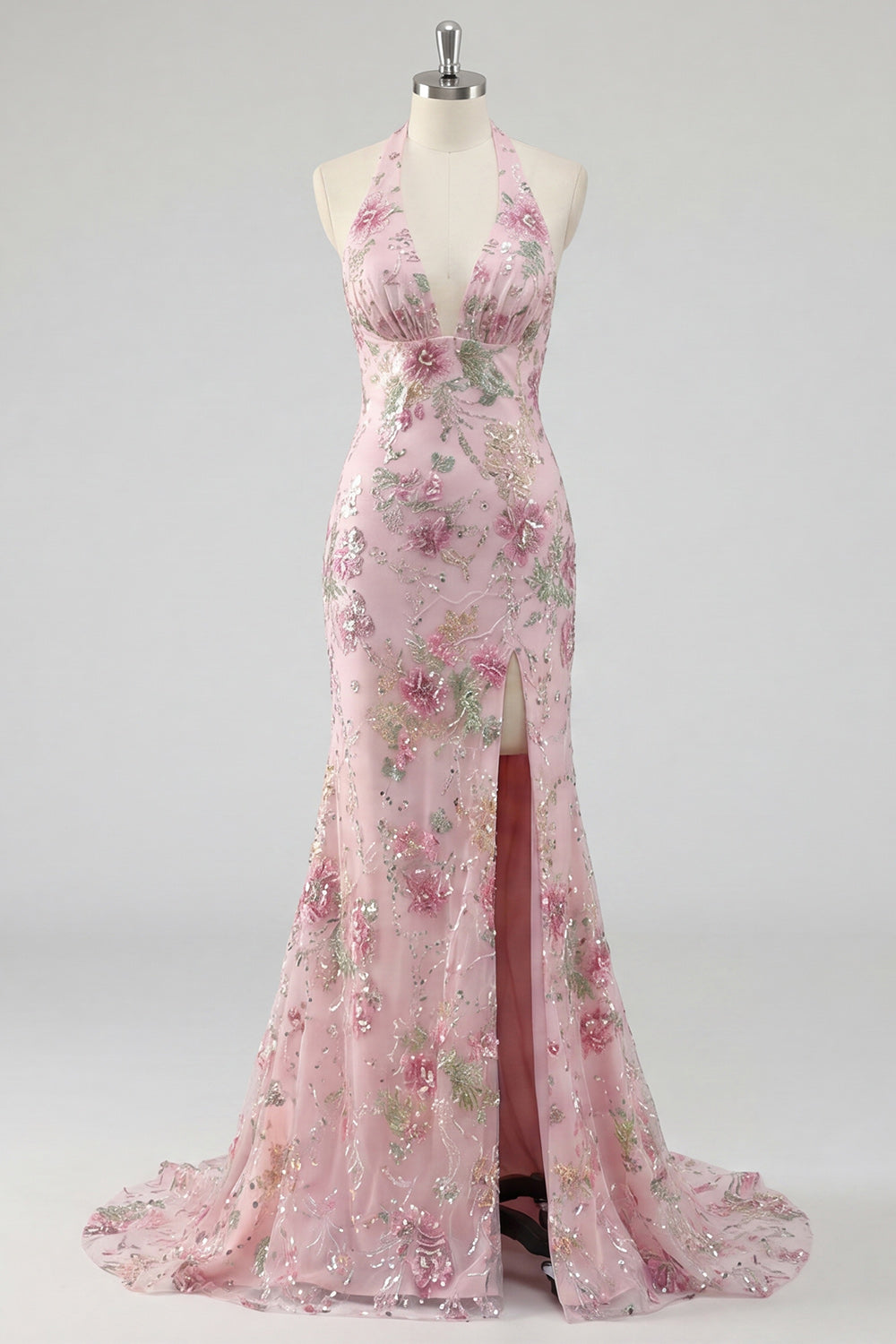 Halter Pink Sequin Mermaid Appliqued Maxi Prom Dress