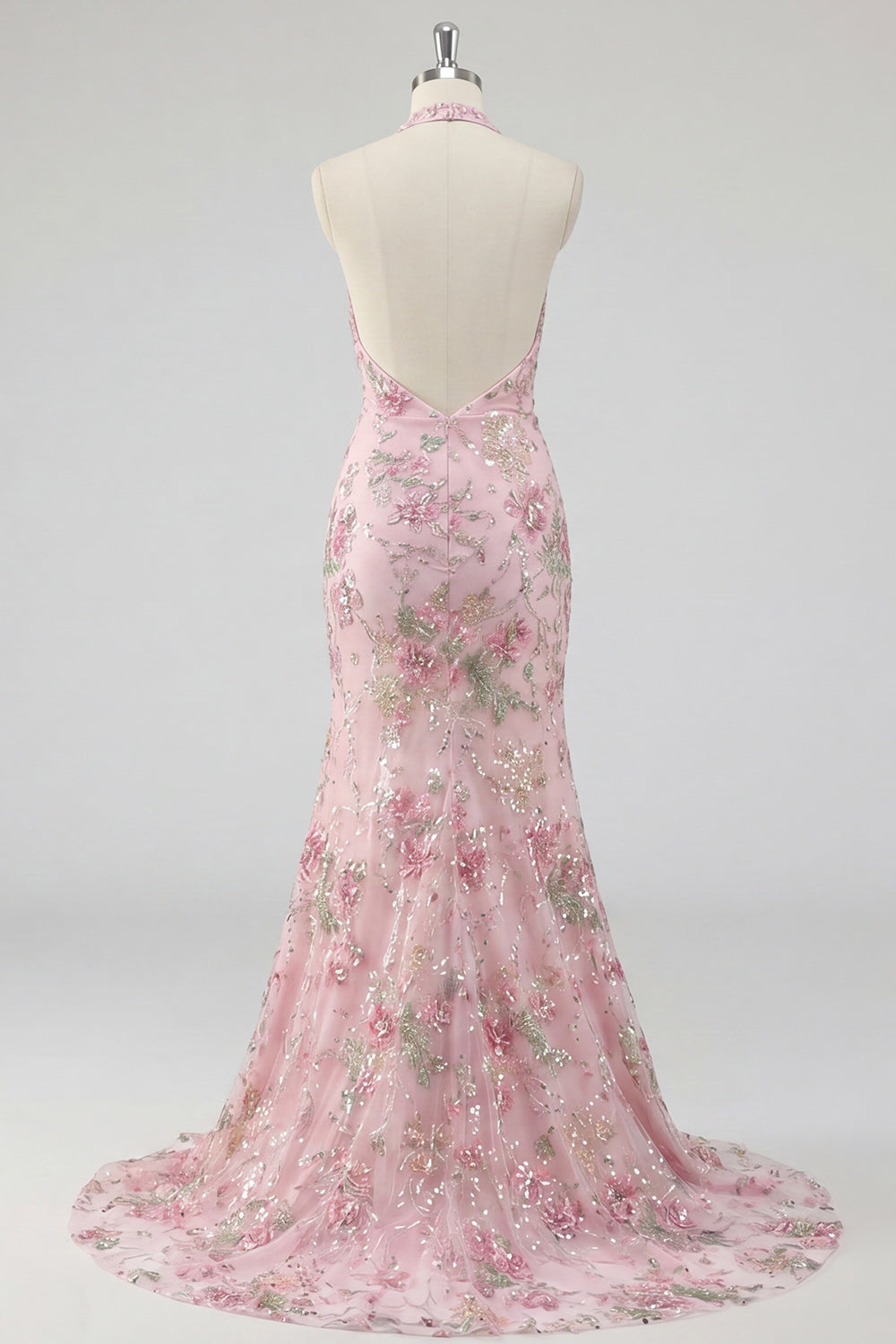 Halter Pink Sequin Mermaid Appliqued Maxi Prom Dress