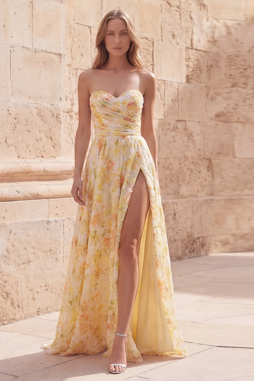 Strapless Printed Ruched Yellow A Line Prom Dress
