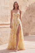 Strapless Printed Ruched Yellow A Line Prom Dress