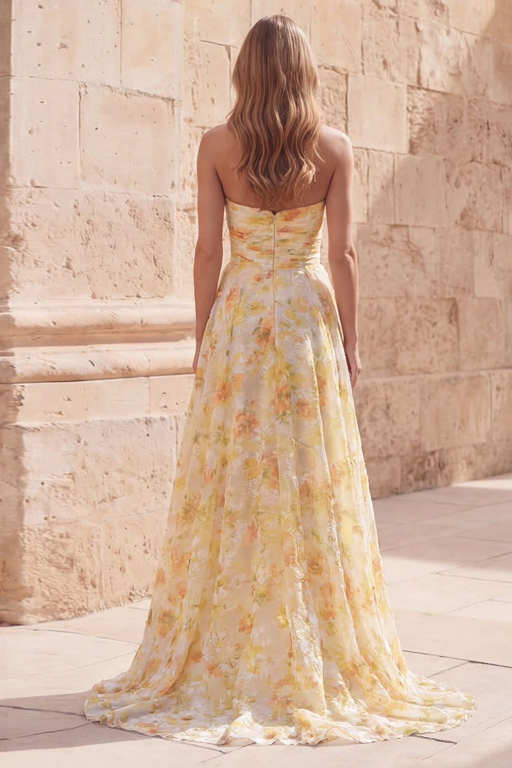 Strapless Printed Ruched Yellow A Line Prom Dress