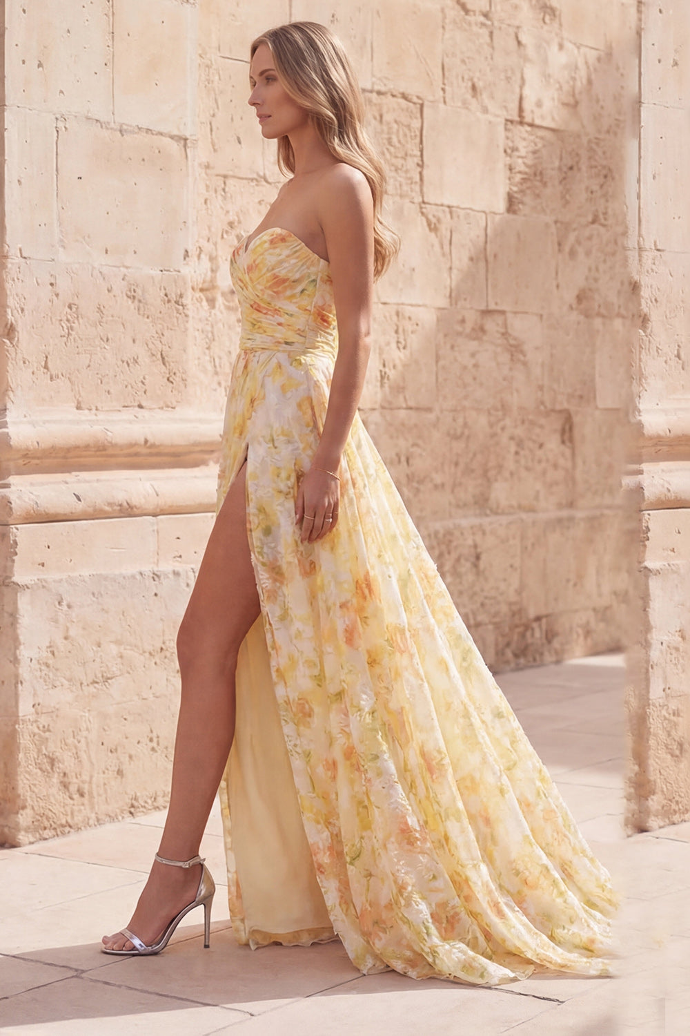 Strapless Printed Ruched Yellow A Line Prom Dress