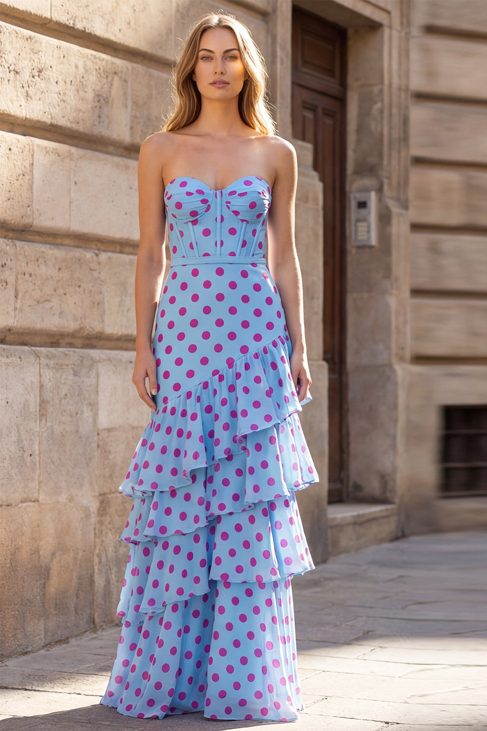 Tiered Strapless Polka Dot Black Corset Prom Dress