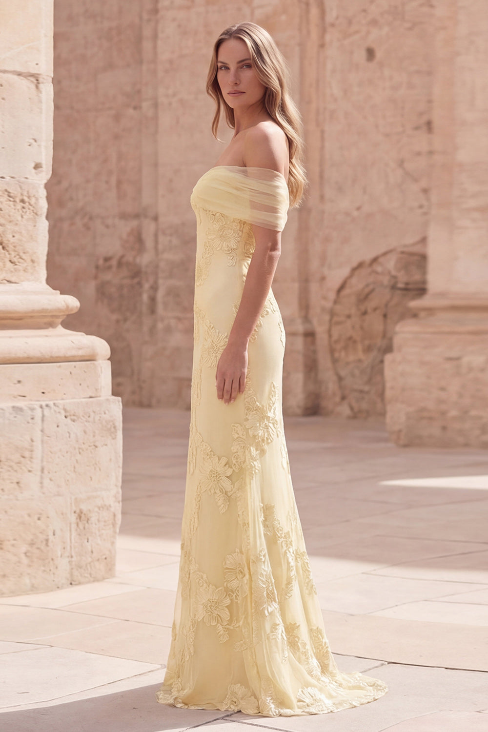 Off the Shoulder Mermaid Appliqued Yellow Maxi Prom Dress