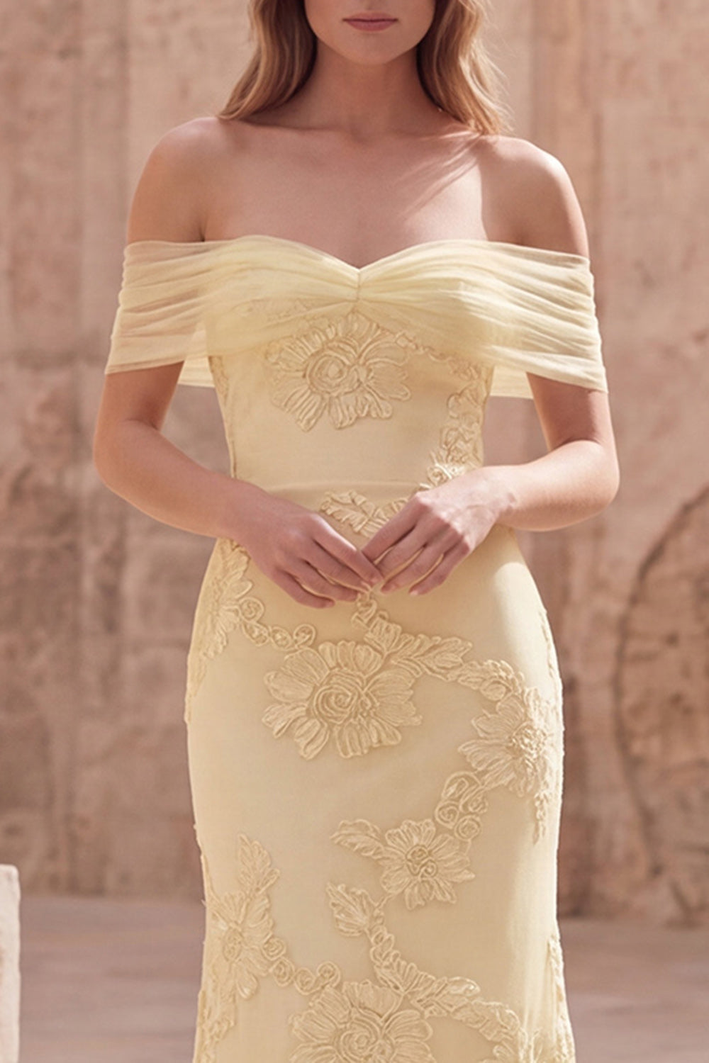 Off the Shoulder Mermaid Appliqued Yellow Maxi Prom Dress