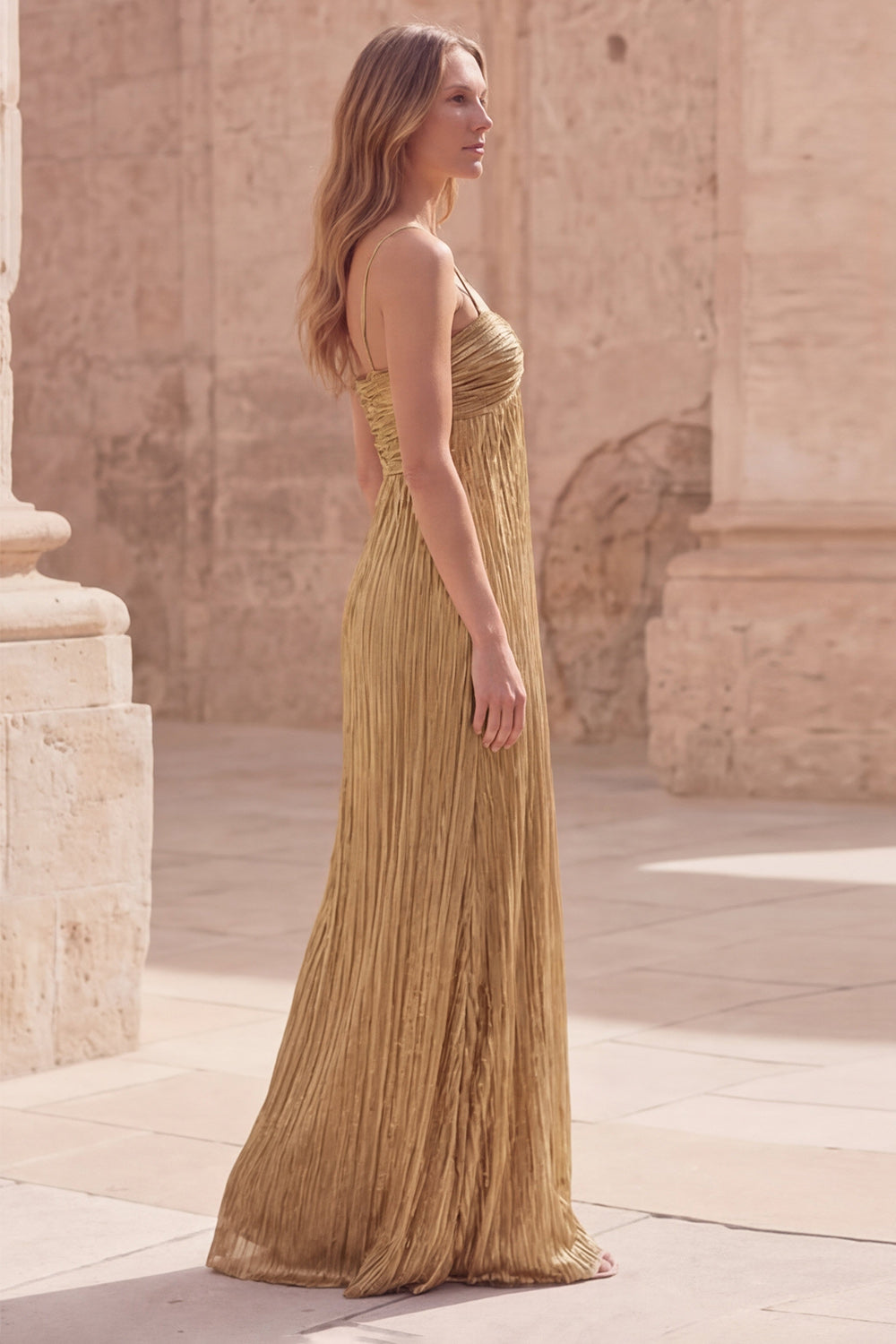 Metallic Gold Sheath Pleated Maxi Prom Dress
