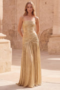 Metallic Strapless Gold Ruched A Line Maxi Prom Dress