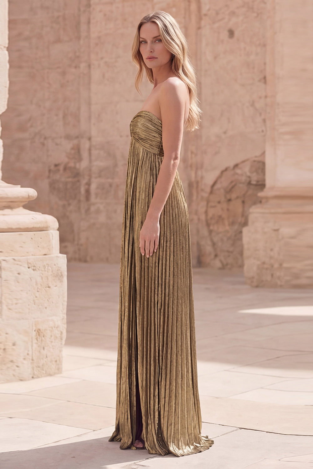 Metallic Strapless Dark Gold Pleated Prom Dress with Slit