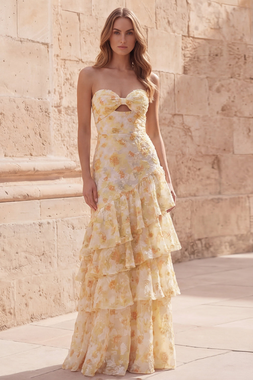 Yellow Floral Strapless Tiered Cut Out Prom Dress