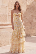 Yellow Floral Strapless Tiered Cut Out Prom Dress