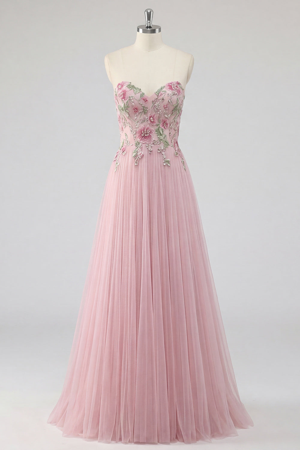 Pink Strapless A Line Appliqued Tulle Prom Dress