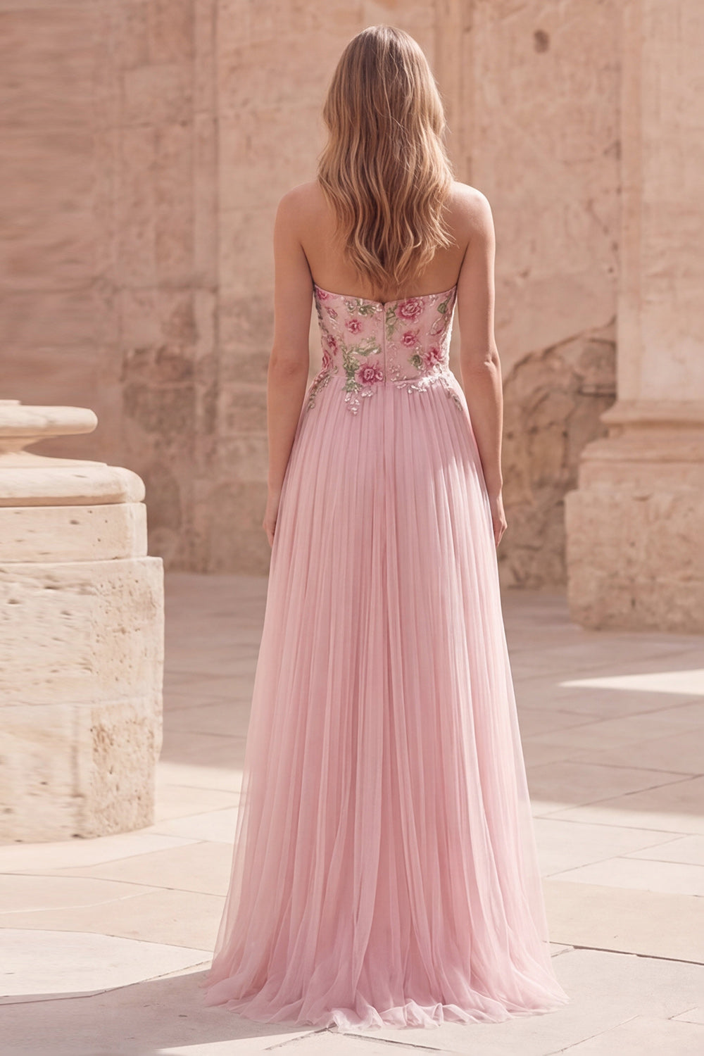 Pink Strapless A Line Appliqued Tulle Prom Dress