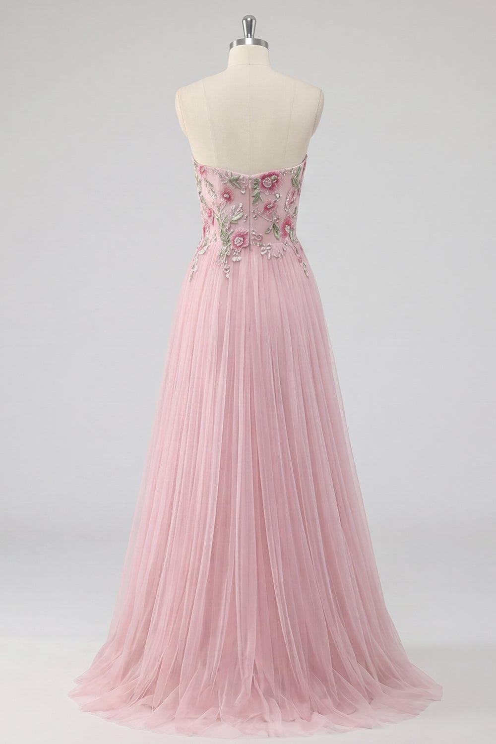 Pink Strapless A Line Appliqued Tulle Prom Dress
