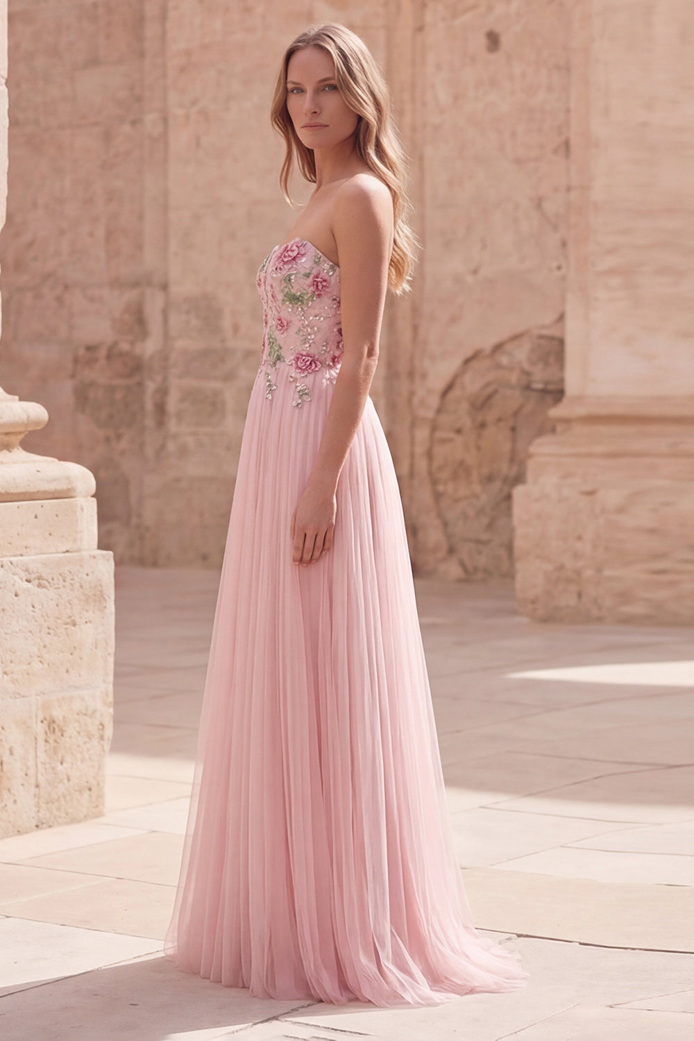 Pink Strapless A Line Appliqued Tulle Prom Dress