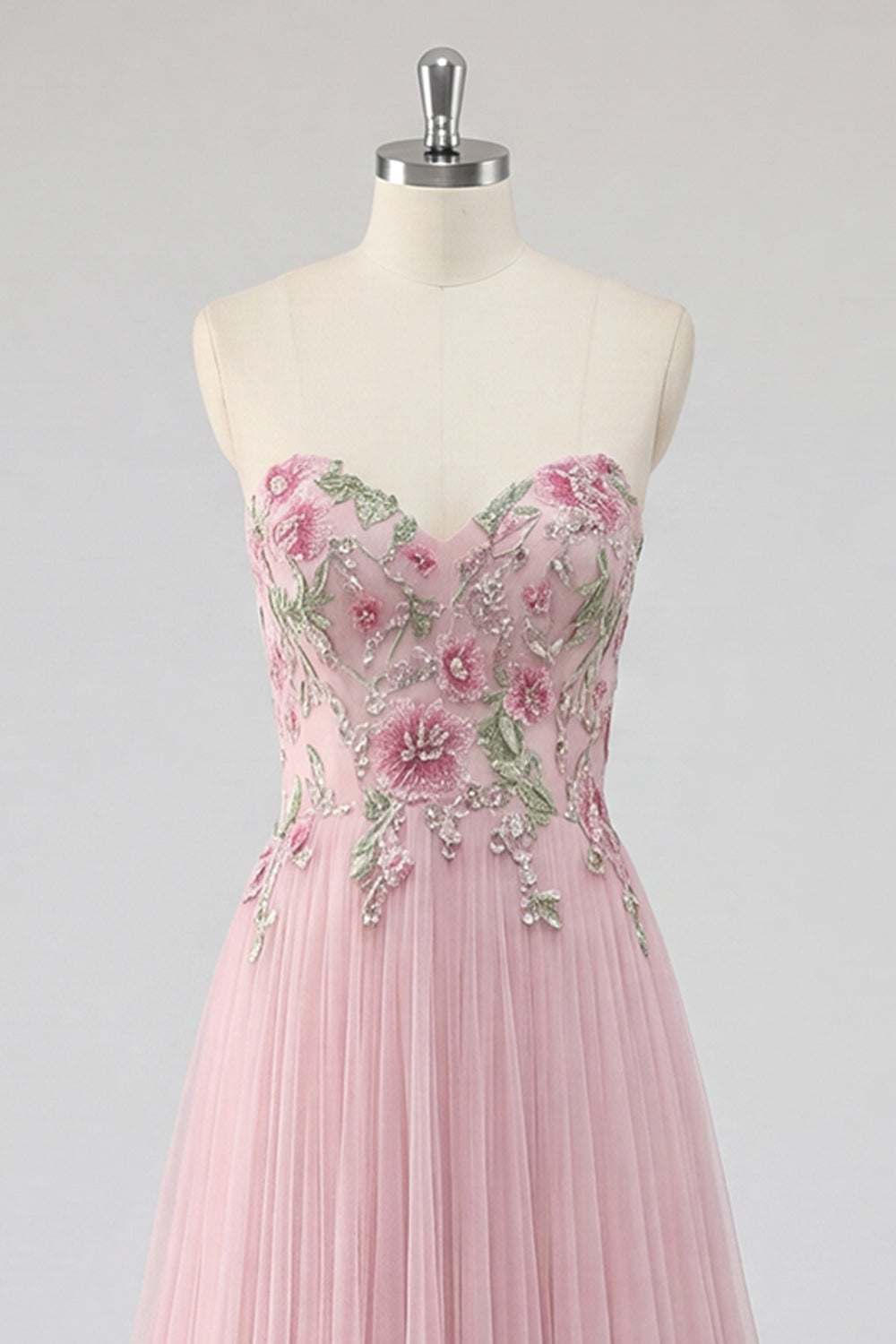 Pink Strapless A Line Appliqued Tulle Prom Dress