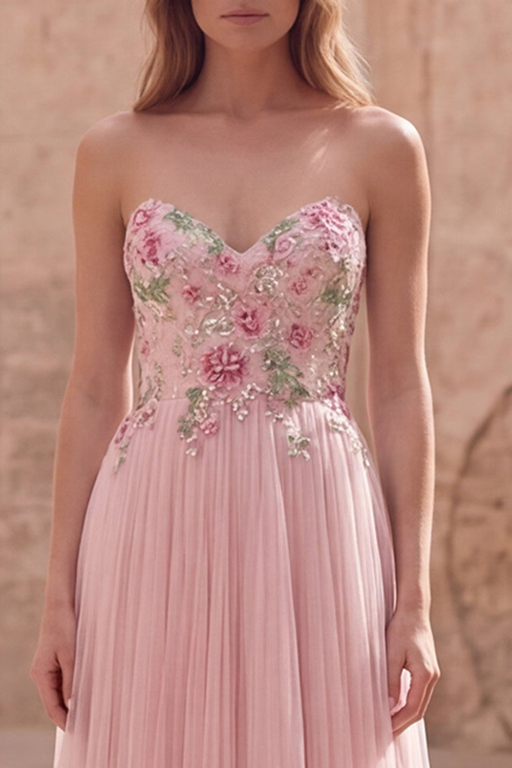 Pink Strapless A Line Appliqued Tulle Prom Dress