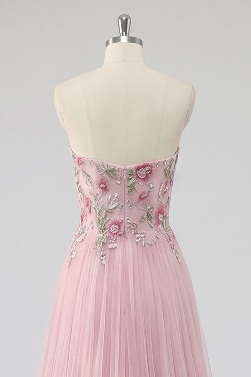 Pink Strapless A Line Appliqued Tulle Prom Dress