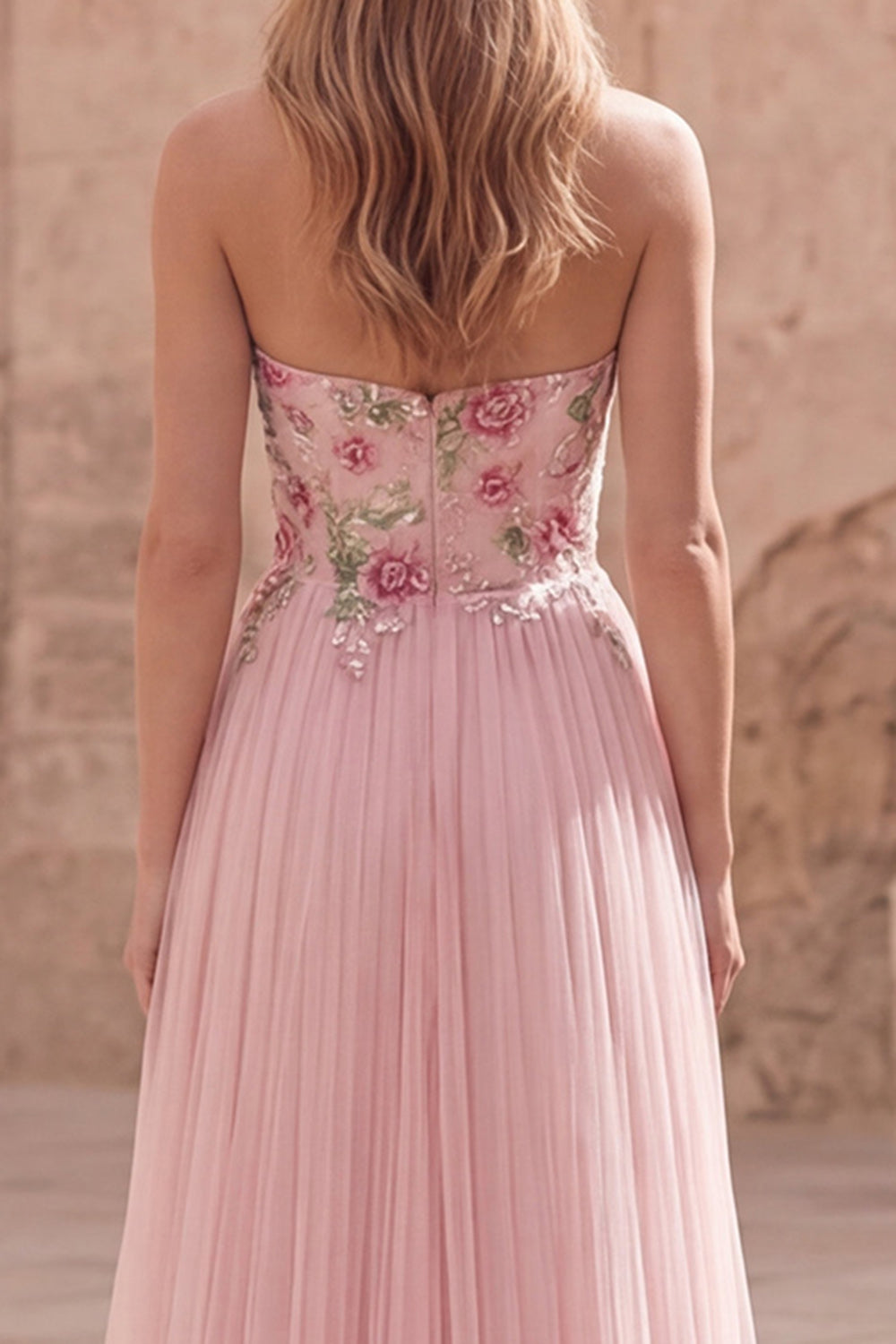 Pink Strapless A Line Appliqued Tulle Prom Dress