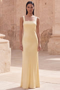 Yellow Satin Cut Out Sheath Prom Dress with Streamer