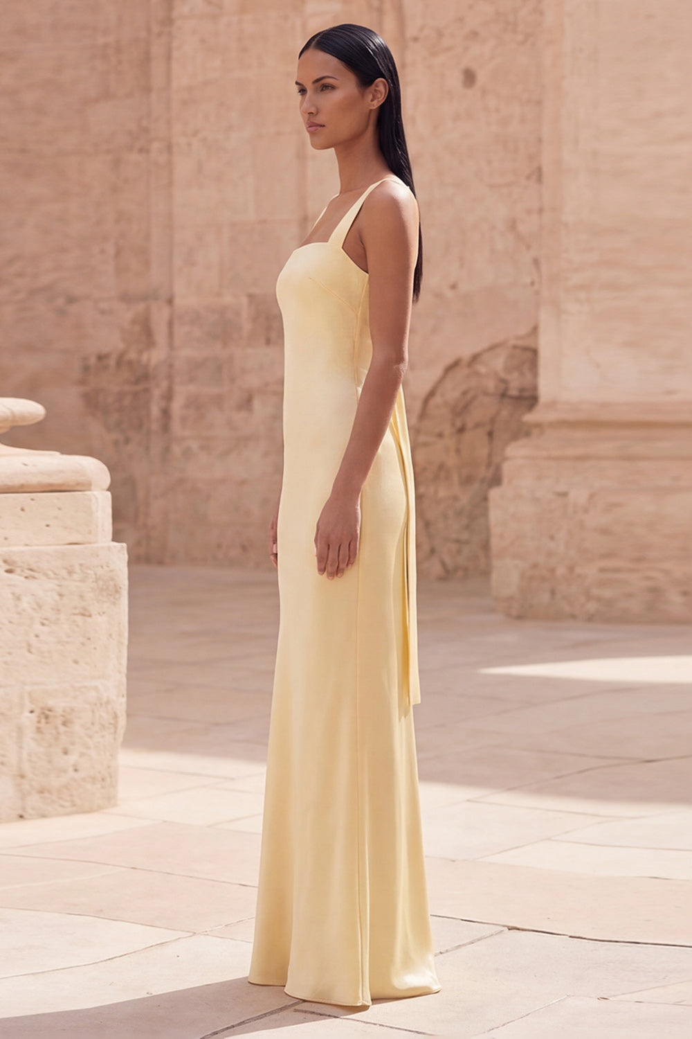 Yellow Satin Cut Out Sheath Prom Dress with Streamer