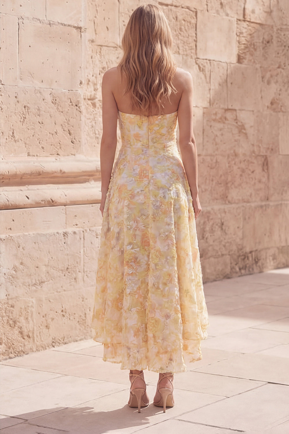 Floral Yellow Strapless High Low A Line Prom Dress