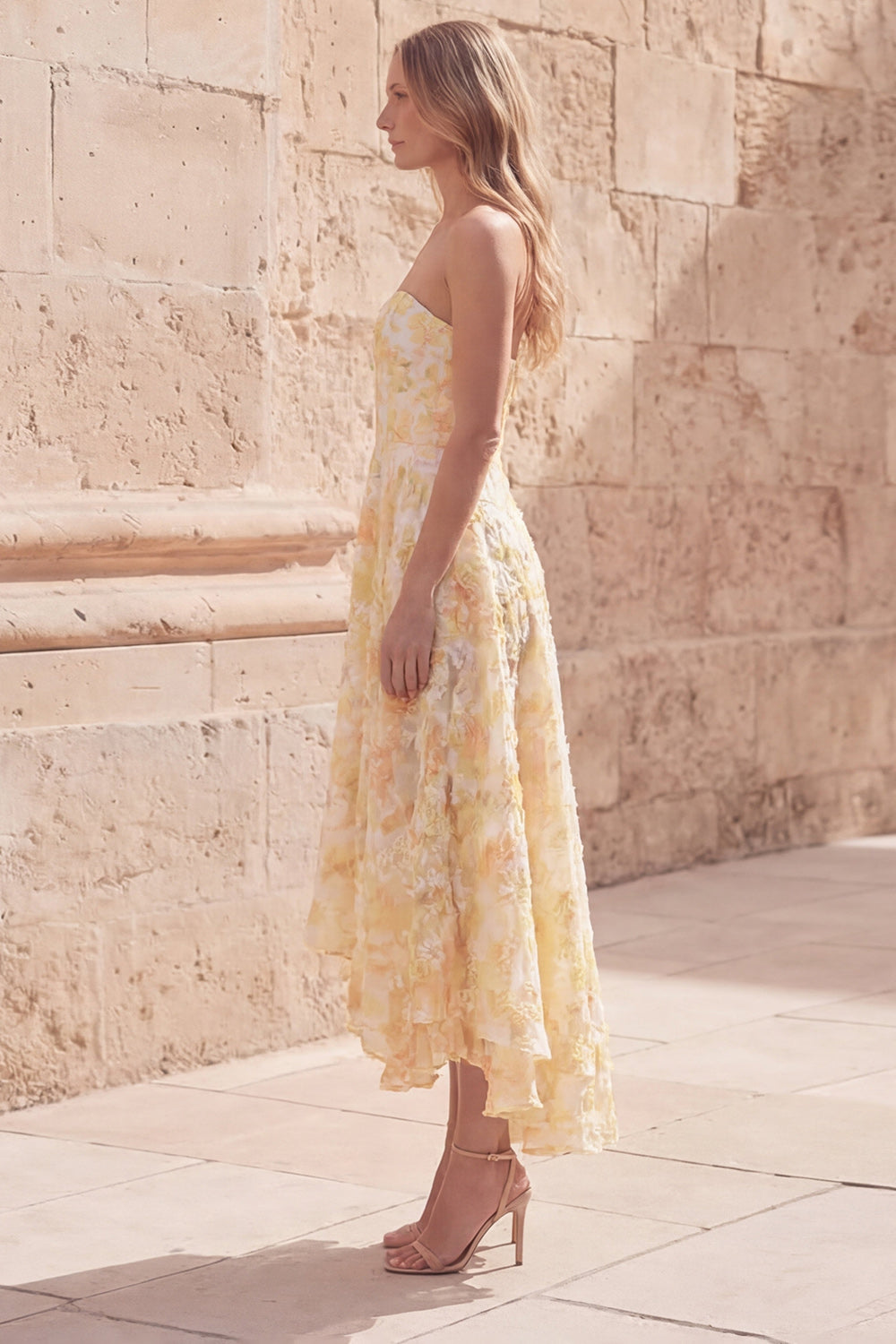 Floral Yellow Strapless High Low A Line Prom Dress