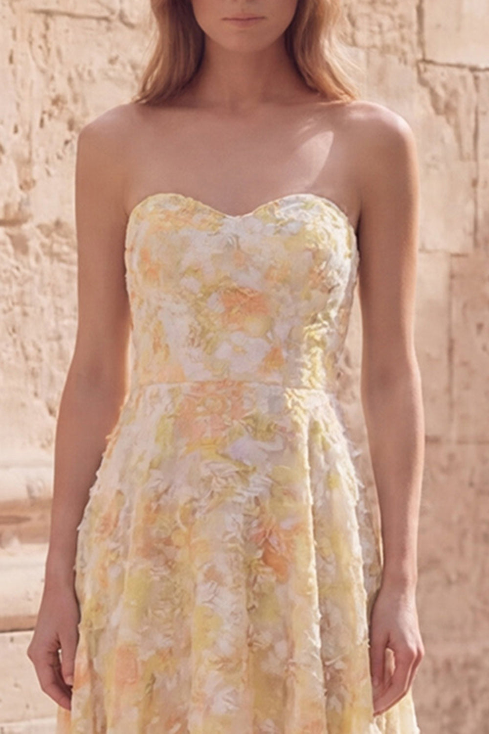 Floral Yellow Strapless High Low A Line Prom Dress
