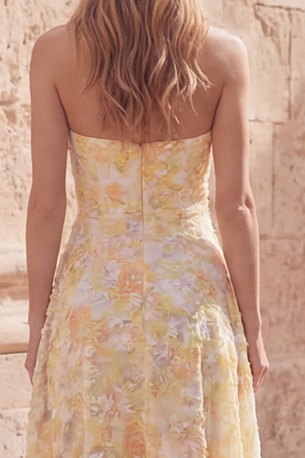 Floral Yellow Strapless High Low A Line Prom Dress