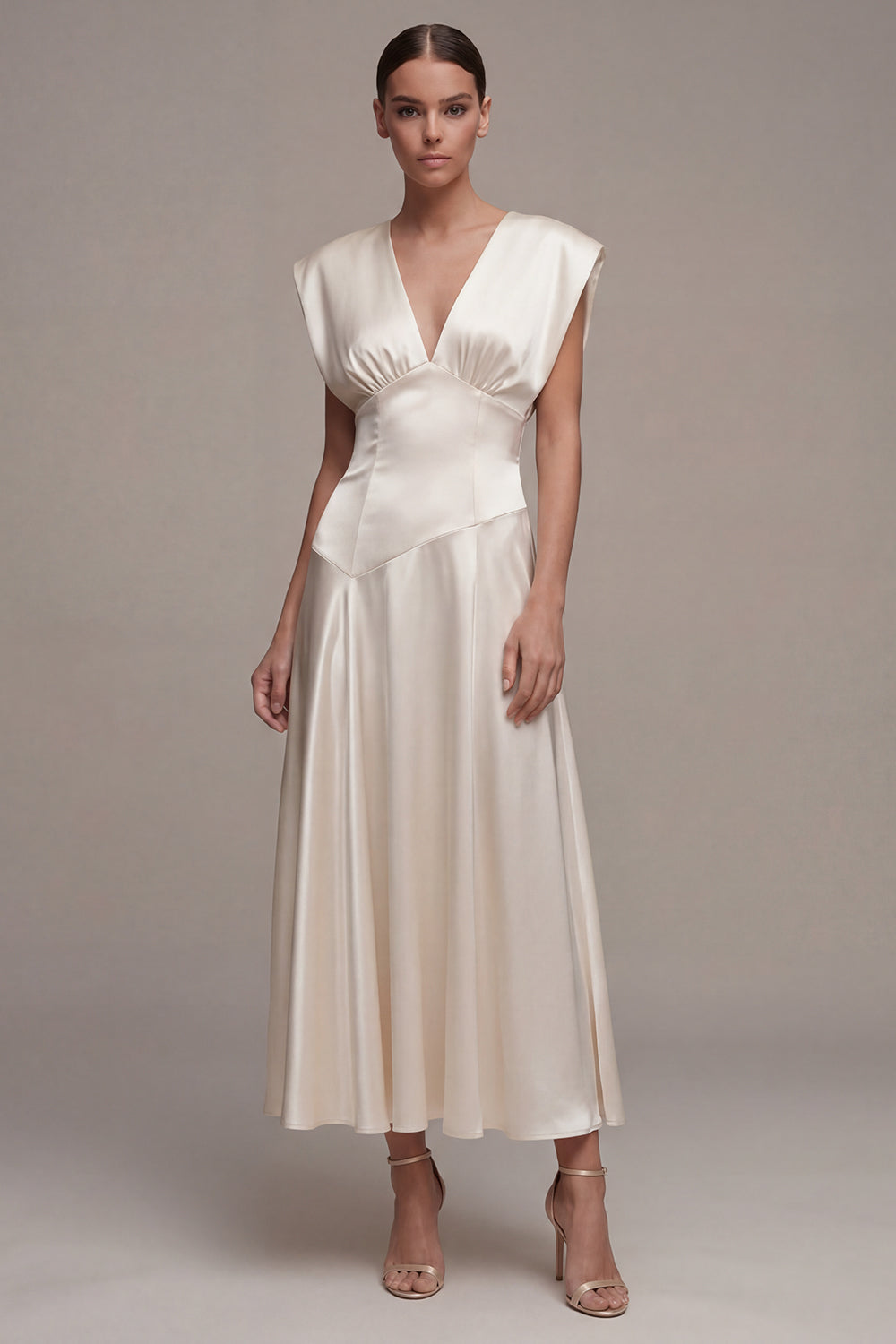 Ivory Satin A Line V Neck Engagement Dress with Cap Sleeves