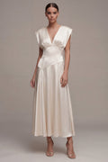 Ivory Satin A Line V Neck Engagement Dress with Cap Sleeves